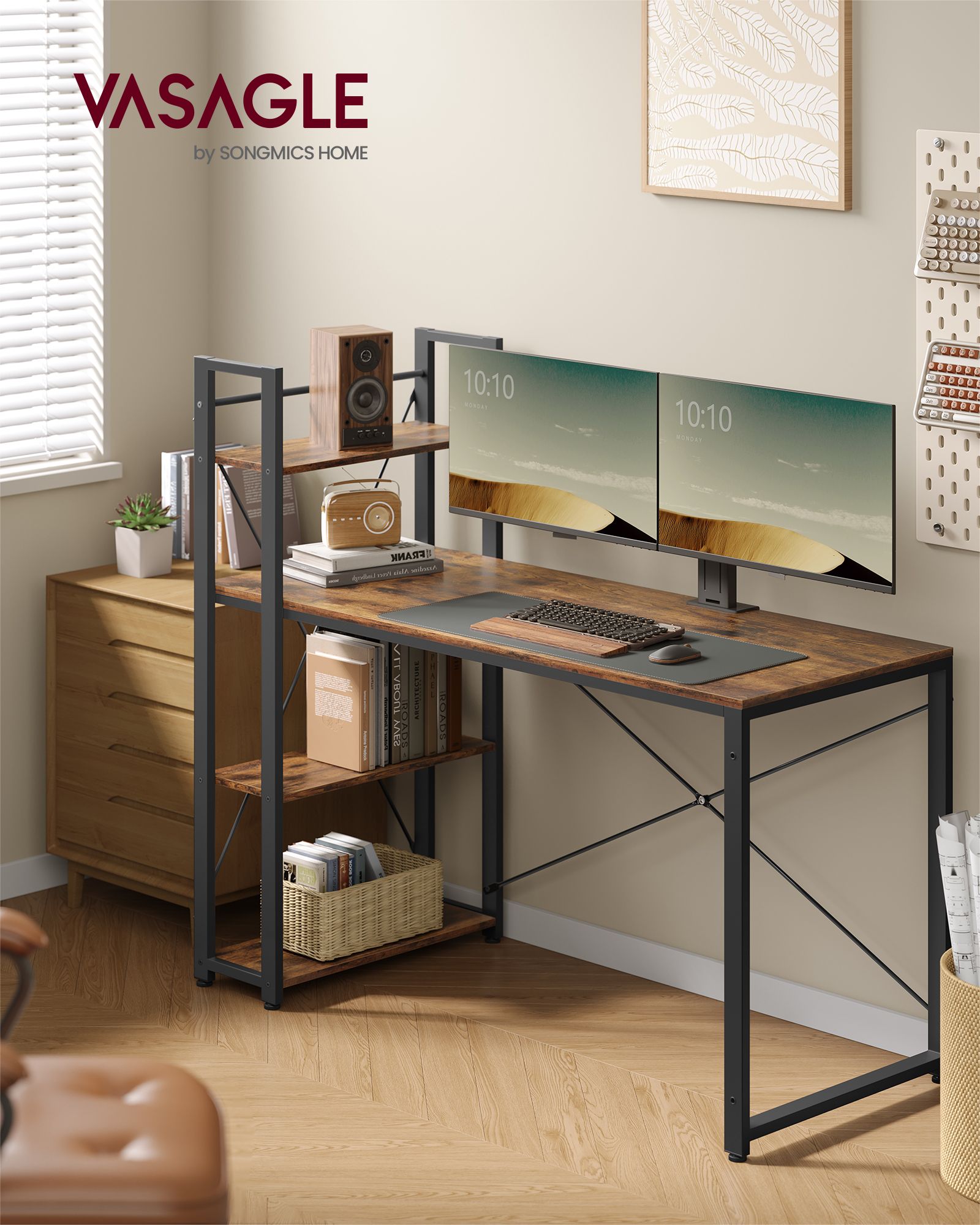 Computer Desk – Wood – Rustic Brown and Ink Black – Storage Shelves, Stable Design, Easy Assembly