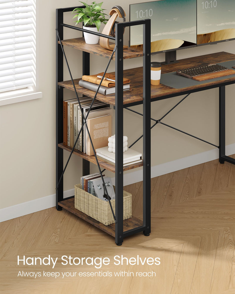 Computer Desk – Wood – Rustic Brown and Ink Black – Storage Shelves, Stable Design, Easy Assembly