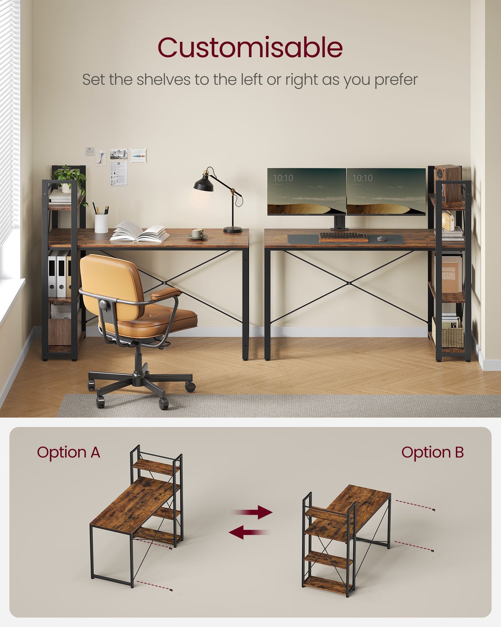 Computer Desk – Wood – Rustic Brown and Ink Black – Storage Shelves, Stable Design, Easy Assembly