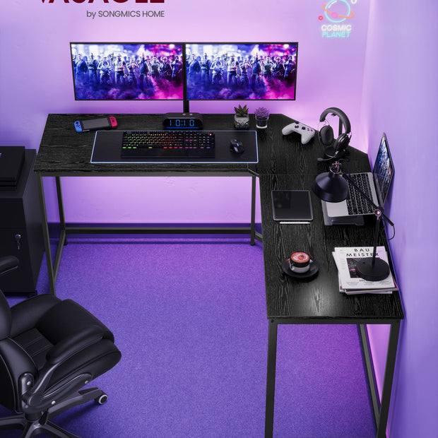 L-Shaped Computer Desk – Wood – Ebony Black and Ink Black – Industrial Design, Space-Saving