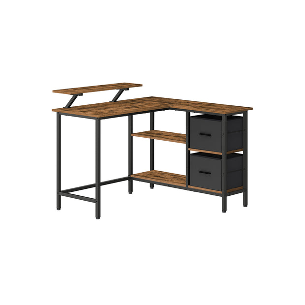 L-Shaped Desk – Wood – Rustic Brown – Features 2 Spacious Drawers and Monitor Stand