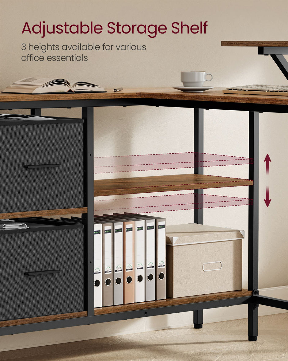 L-Shaped Desk – Wood – Rustic Brown – Features 2 Spacious Drawers and Monitor Stand