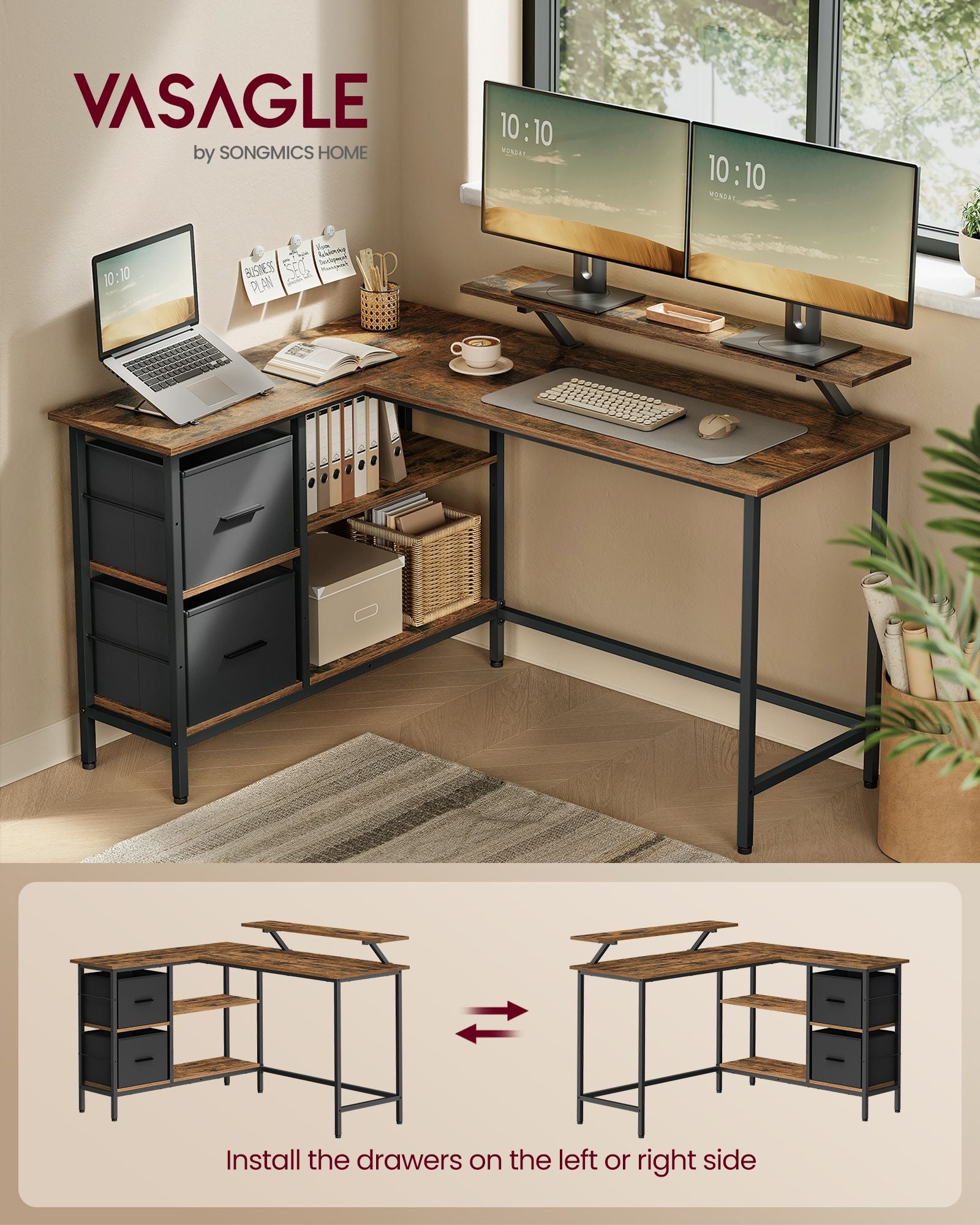 L-Shaped Desk – Wood – Rustic Brown – Spacious with Adjustable Monitor Stand and Storage Shelf
