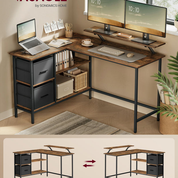 L-Shaped Desk – Wood – Rustic Brown – Spacious with Adjustable Monitor Stand and Storage Shelf