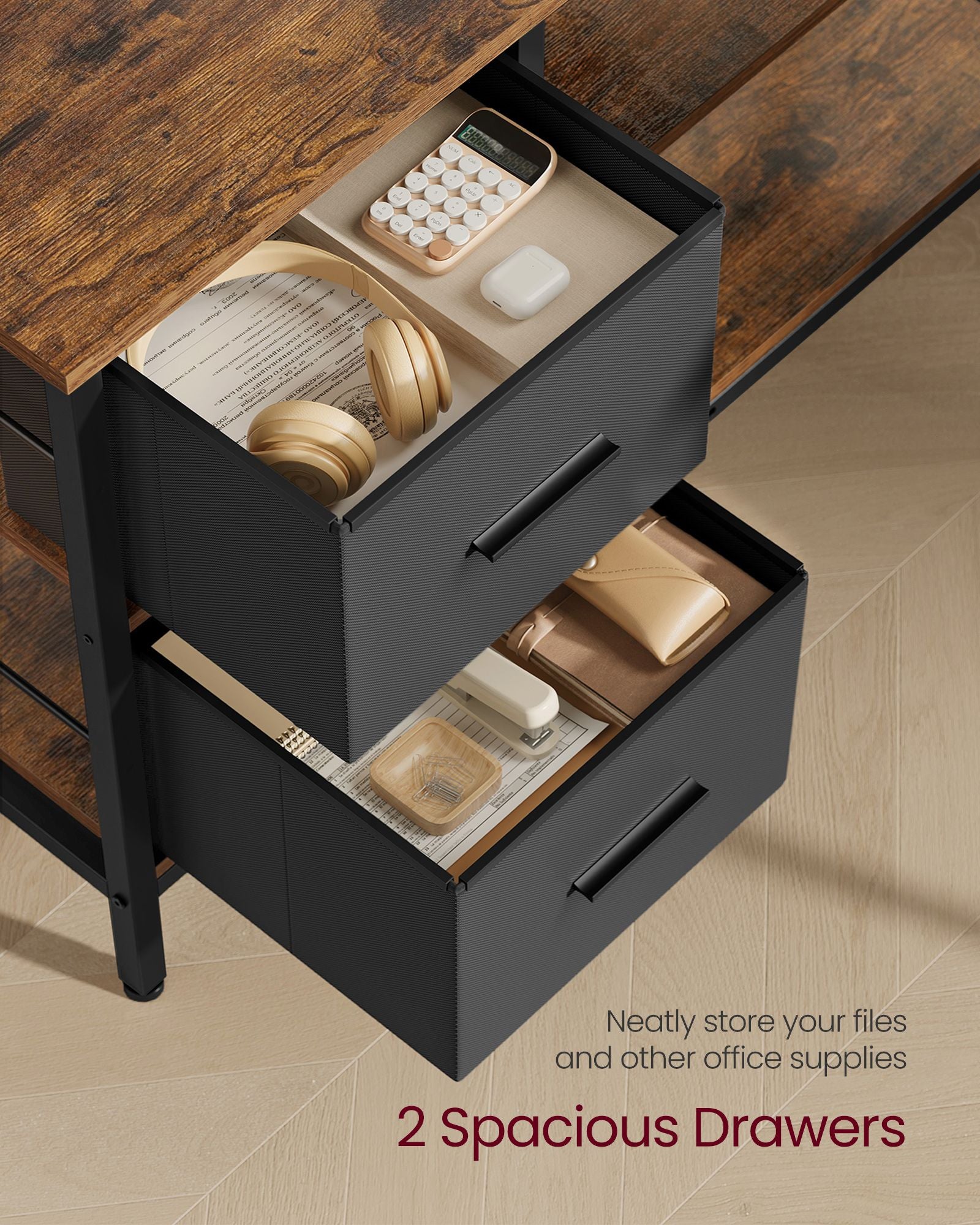 L-Shaped Desk – Wood – Rustic Brown – Spacious with Adjustable Monitor Stand and Storage Shelf