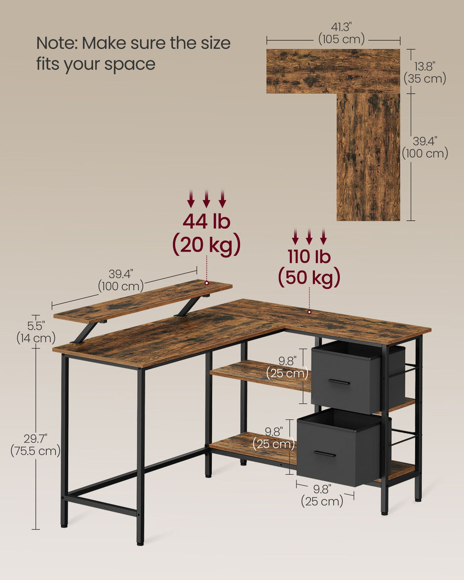 L-Shaped Desk – Wood – Rustic Brown – Spacious with Adjustable Monitor Stand and Storage Shelf