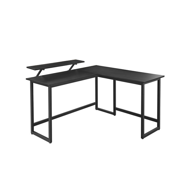 L-Shaped Writing Desk – Wood and Metal – Rustic Brown and Black – Industrial Corner Design with Monitor Stand