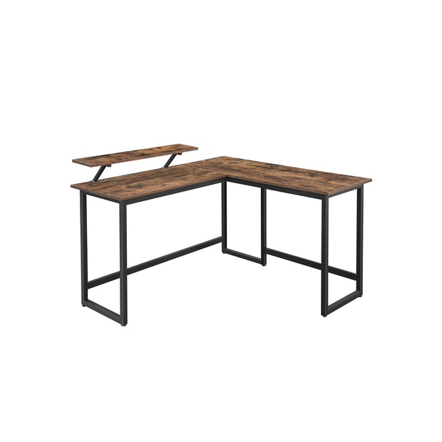 L-Shaped Writing Desk – Wood and Metal – Rustic Brown and Black – Industrial Corner Design with Monitor Stand