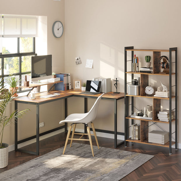 L-Shaped Writing Desk – Wood and Metal – Rustic Brown and Black – Industrial Corner Design with Monitor Stand