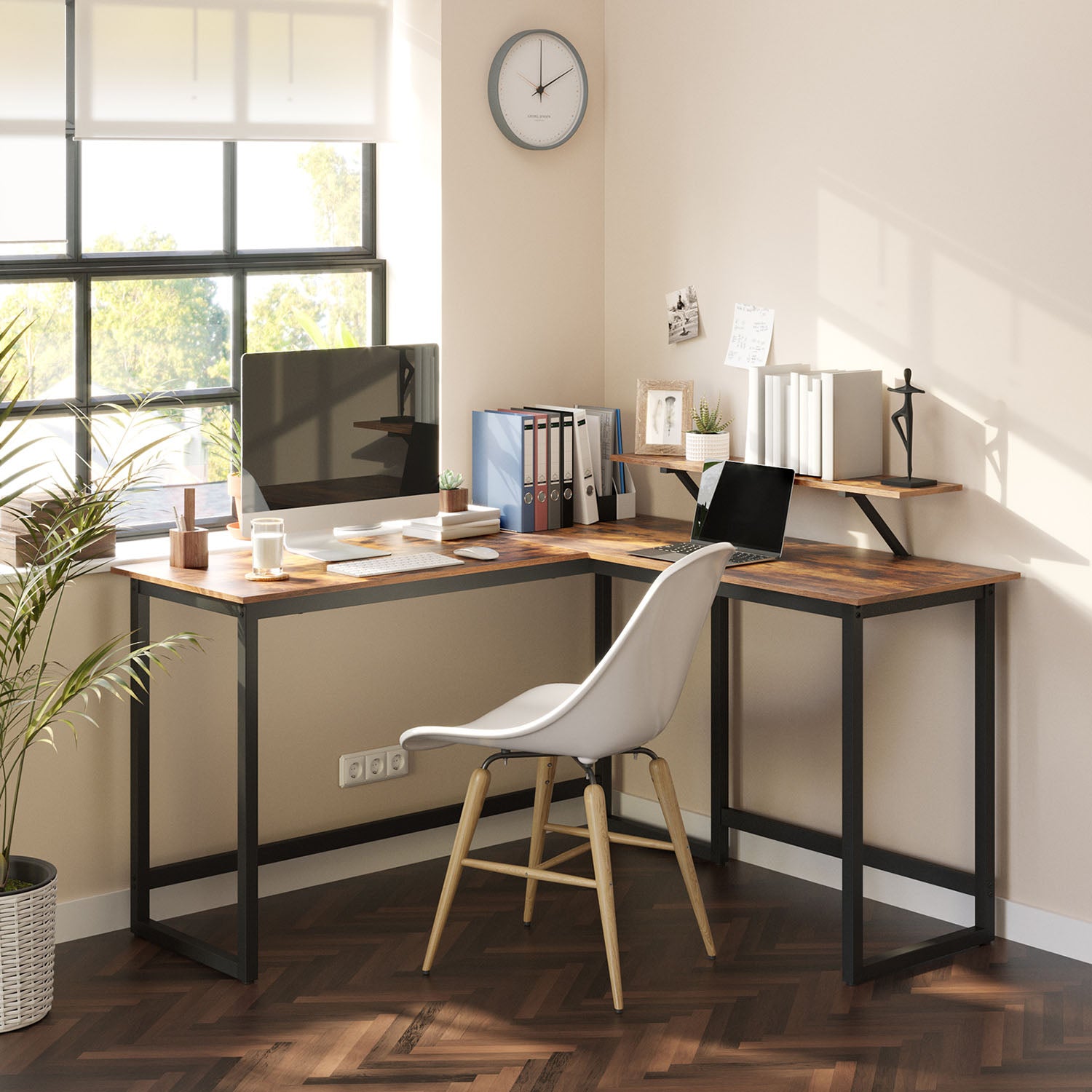 L-Shaped Writing Desk – Wood and Metal – Rustic Brown and Black – Industrial Corner Design with Monitor Stand