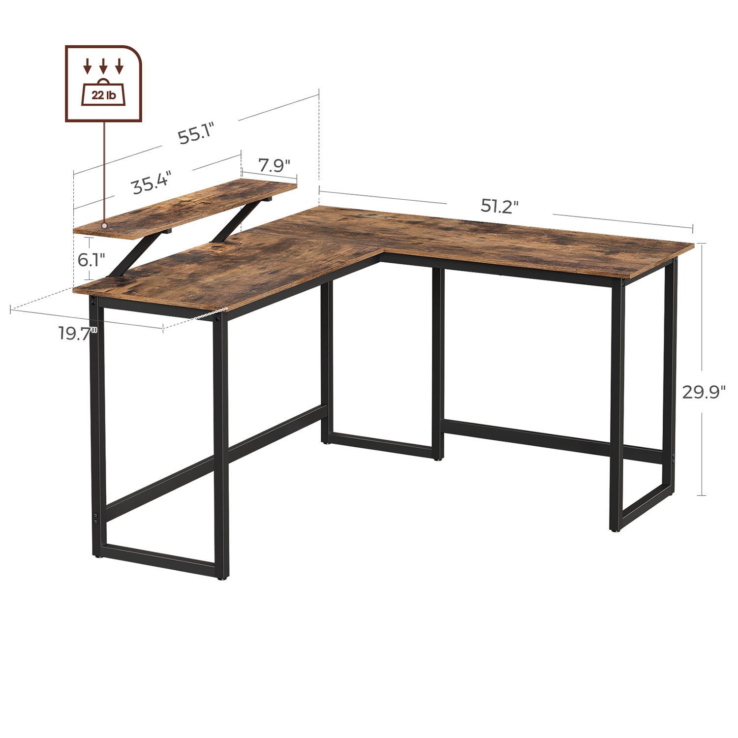L-Shaped Writing Desk – Wood and Metal – Rustic Brown and Black – Industrial Corner Design with Monitor Stand