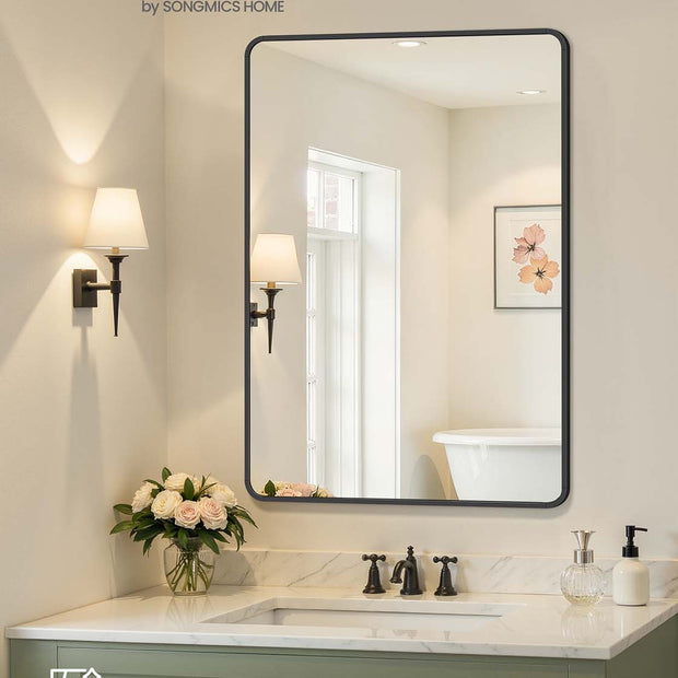 Wall Mounted Rectangular Mirror – Aluminium – Ink Black – Safety Film with Two Mounting Options