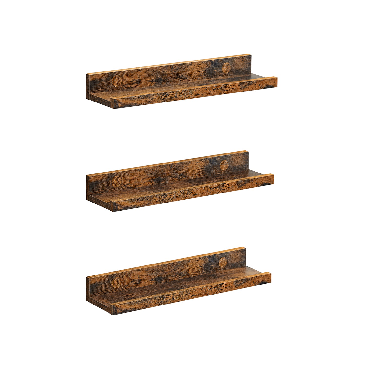 Floating Shelves – Wood – Rustic Brown – Set of 3, 38 cm Long with Front Edge