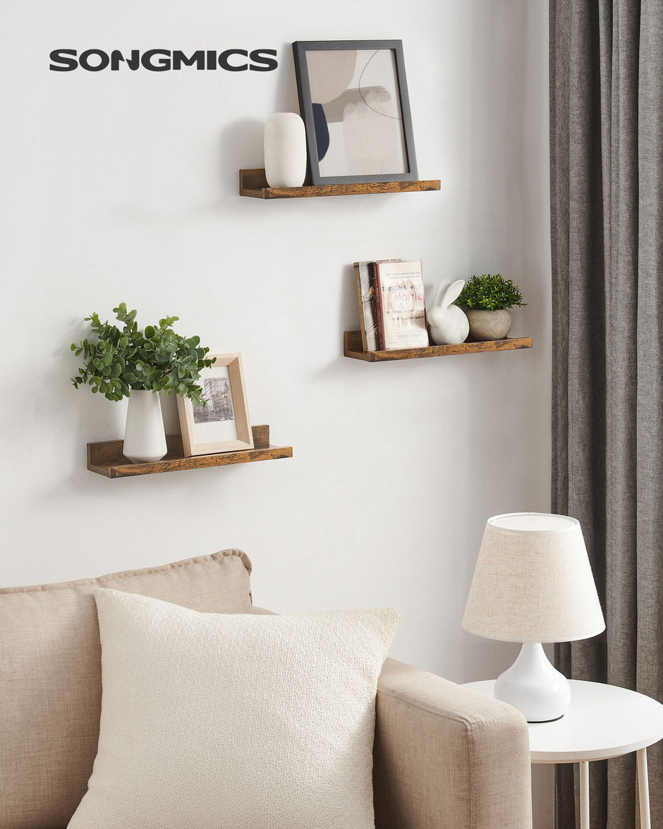 Floating Shelves – Wood – Rustic Brown – Set of 3, 38 cm Long with Front Edge