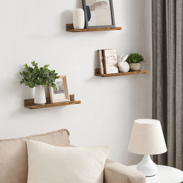 Floating Shelves – Wood – Rustic Brown – Set of 3, 38 cm Long with Front Edge