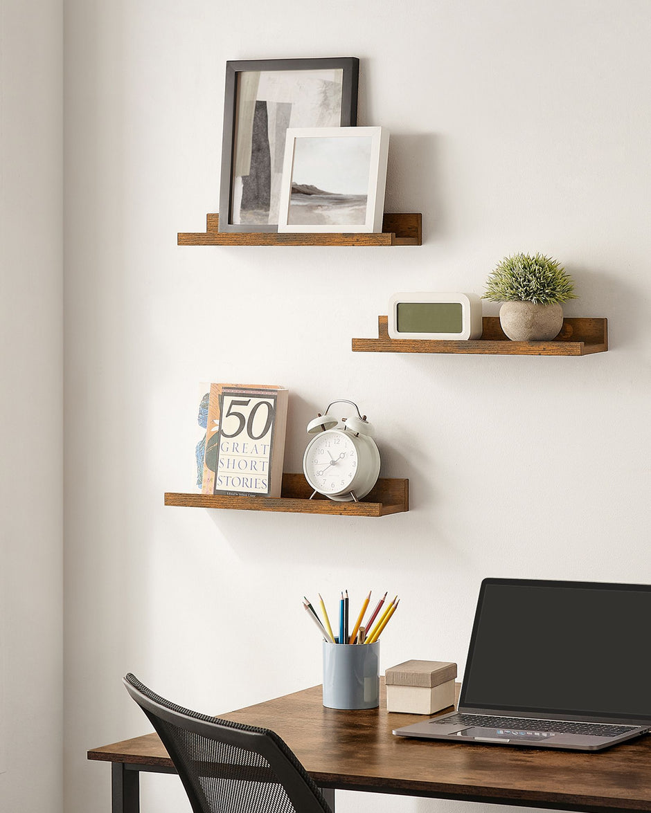 Floating Shelves – Wood – Rustic Brown – Set of 3, 38 cm Long with Front Edge