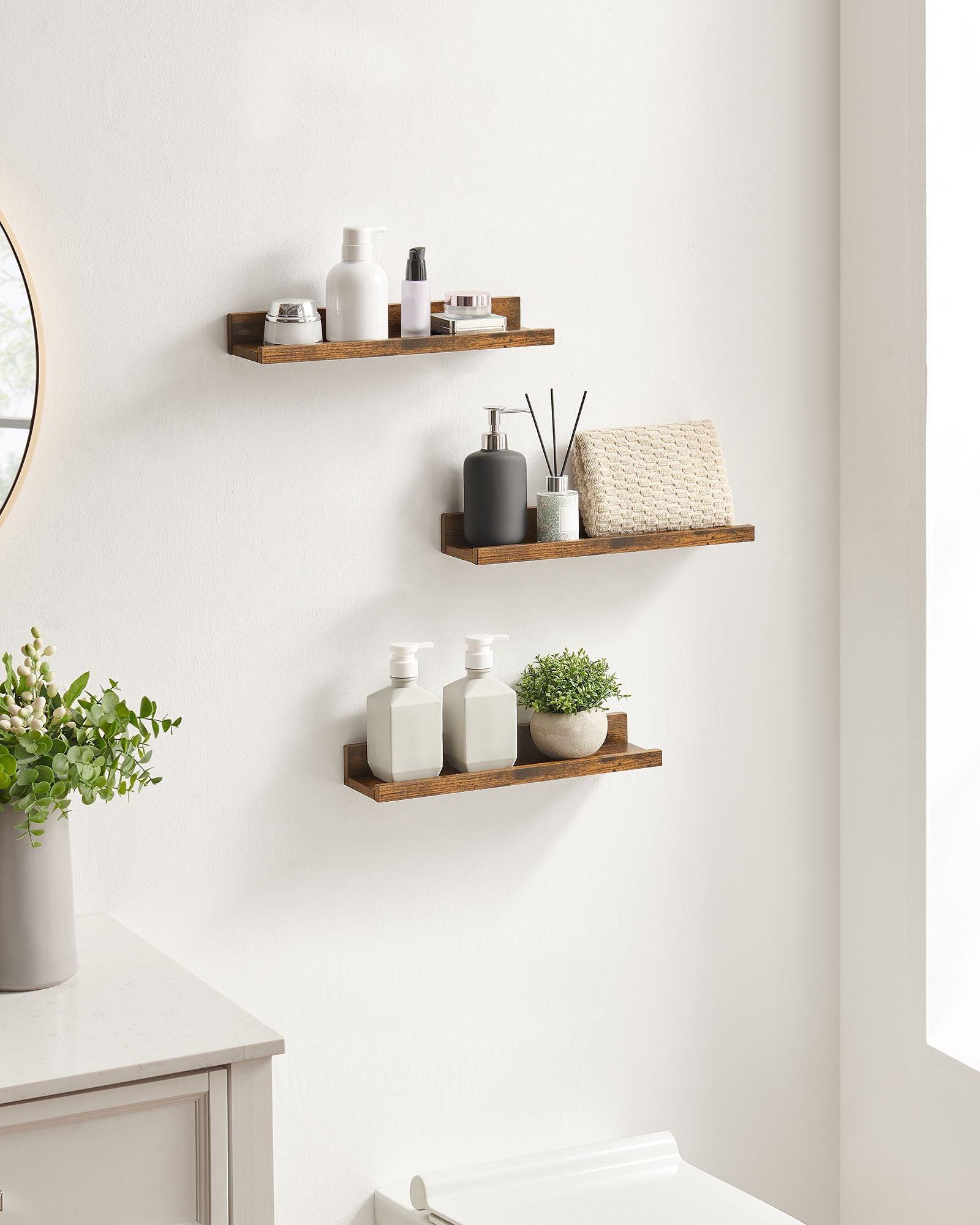 Floating Shelves – Wood – Rustic Brown – Set of 3, 38 cm Long with Front Edge