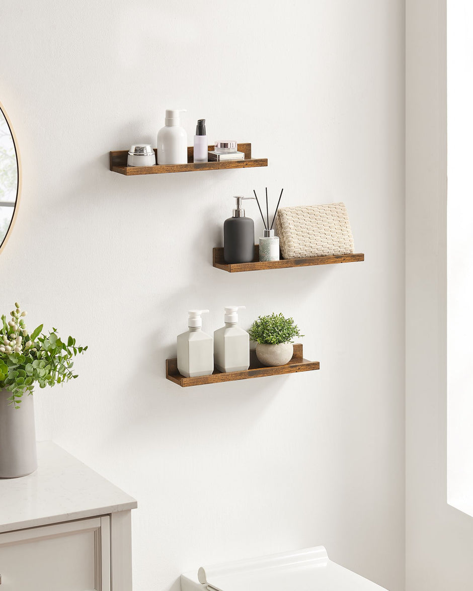 Floating Shelves – Wood – Rustic Brown – Set of 3, 38 cm Long with Front Edge