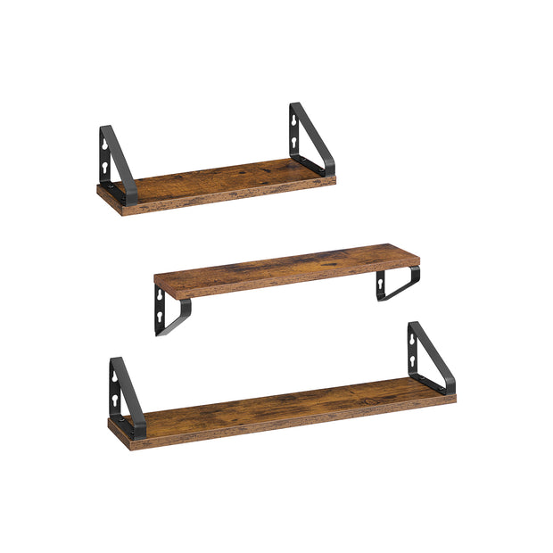 Set of 3 Wall Mounted Floating Shelves – Wood and Metal – Rustic Brown and Matte Black – Versatile 2 Mounting Options