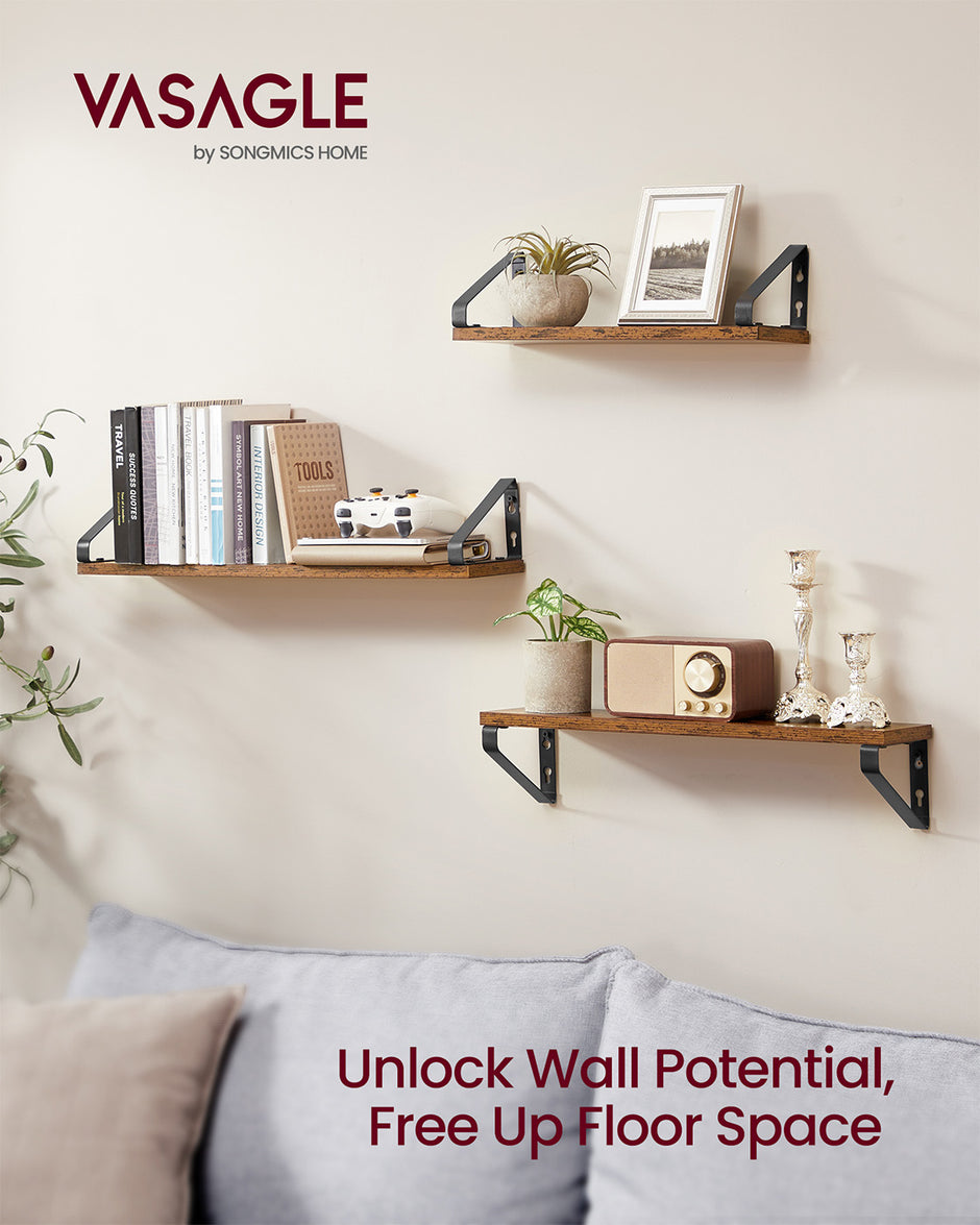 Set of 3 Wall Mounted Floating Shelves – Wood and Metal – Rustic Brown and Matte Black – Versatile 2 Mounting Options
