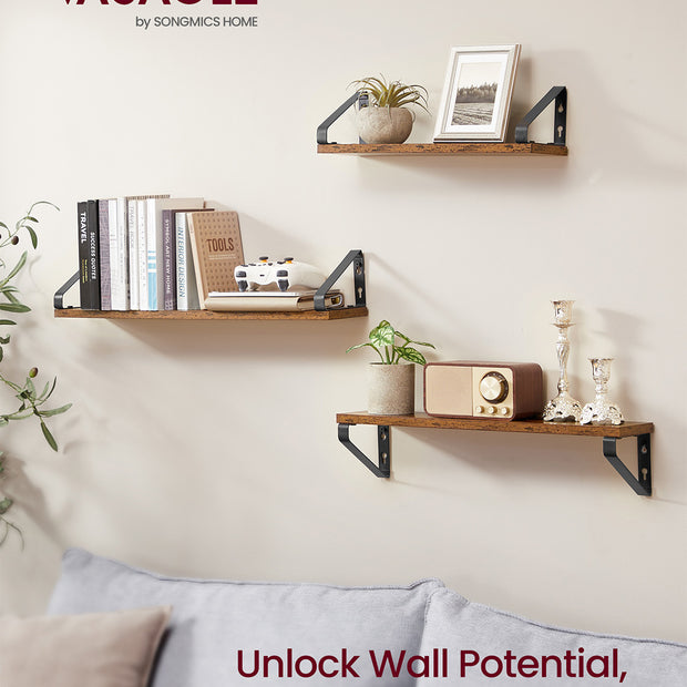 Set of 3 Wall Mounted Floating Shelves – Wood and Metal – Rustic Brown and Matte Black – Versatile 2 Mounting Options