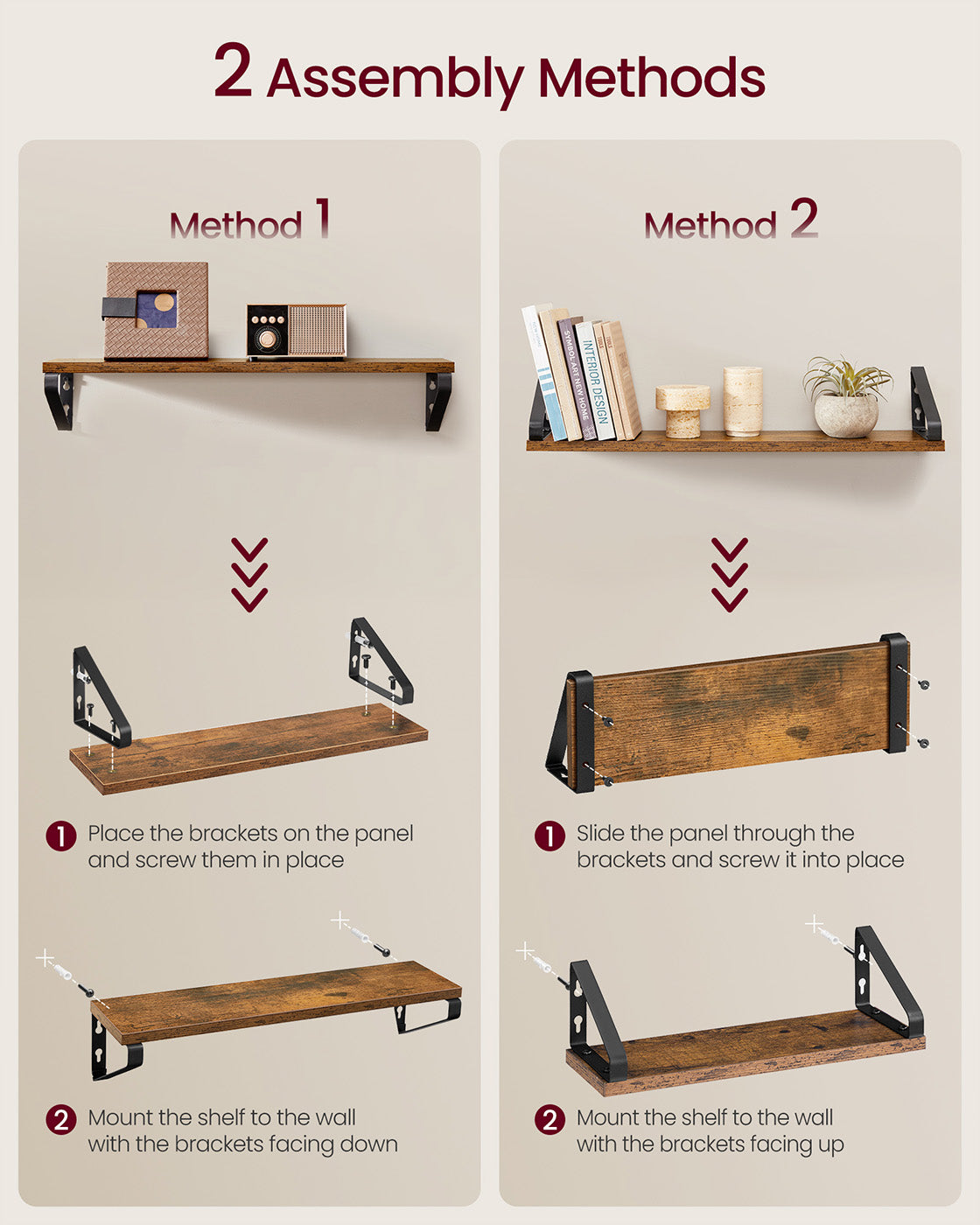 Set of 3 Wall Mounted Floating Shelves – Wood and Metal – Rustic Brown and Matte Black – Versatile 2 Mounting Options