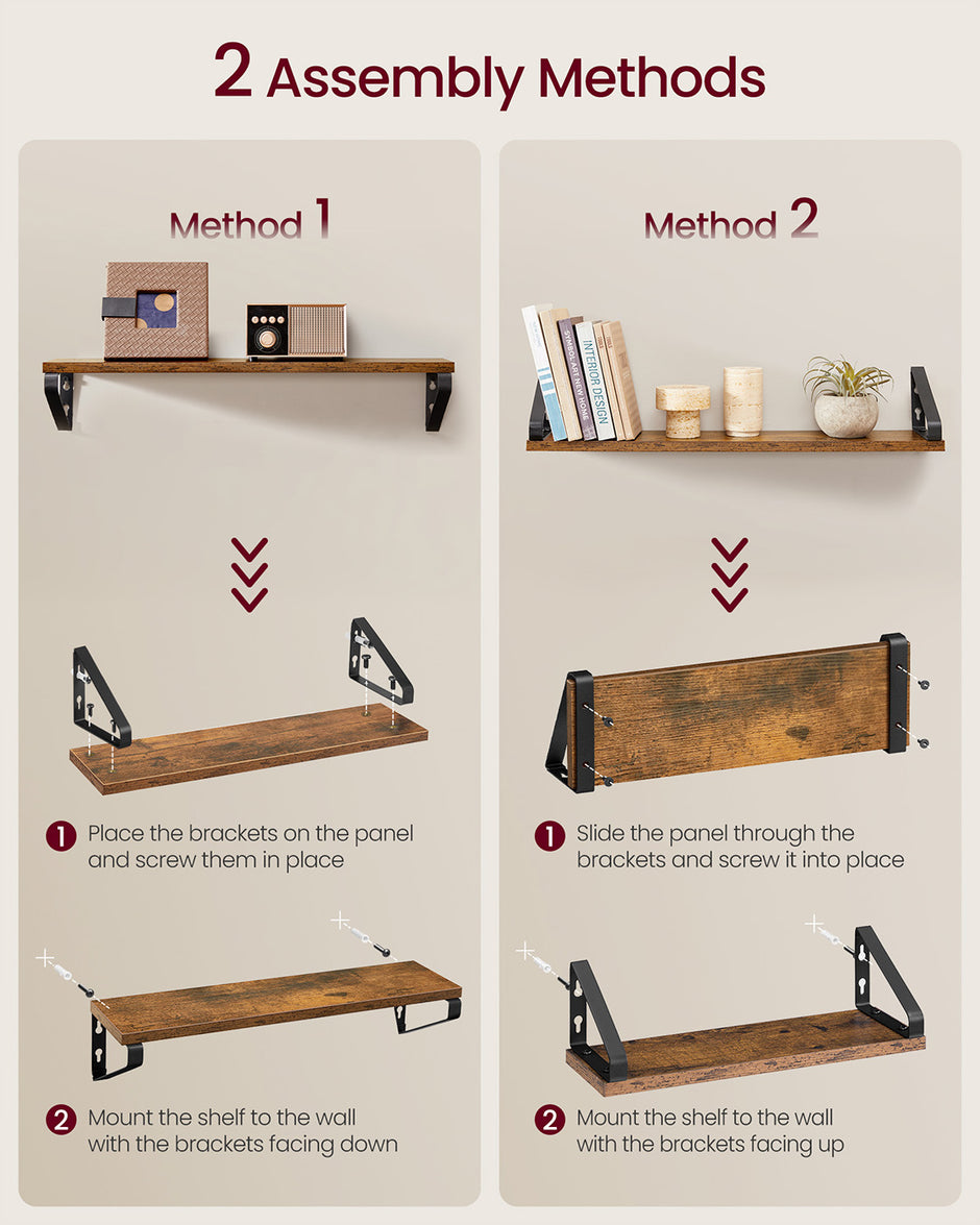 Set of 3 Wall Mounted Floating Shelves – Wood and Metal – Rustic Brown and Matte Black – Versatile 2 Mounting Options