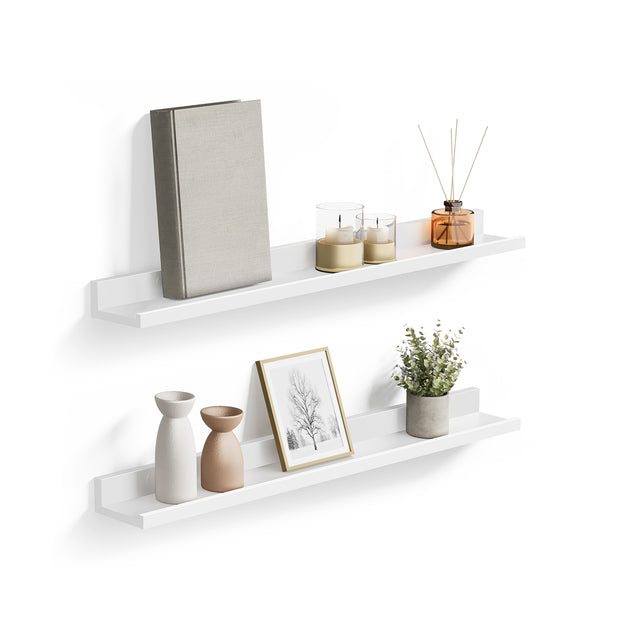 Set of 2 Floating Wall Shelves – Wood – Matte White – Front-Edge Design for Picture Frames and Trinkets