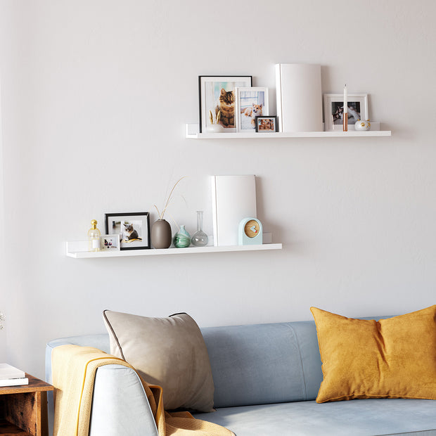 Set of 2 Floating Wall Shelves – Wood – Matte White – Front-Edge Design for Picture Frames and Trinkets