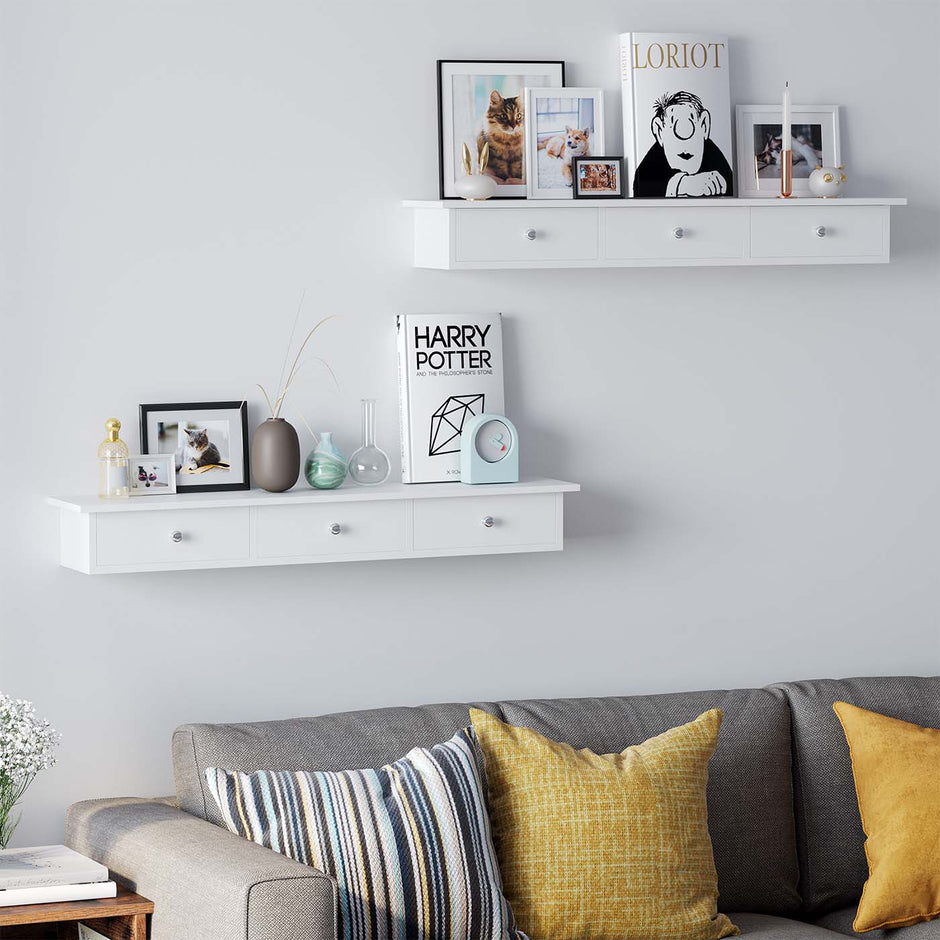 Floating Wall Shelf – High Gloss Finish – White – 3 Drawers