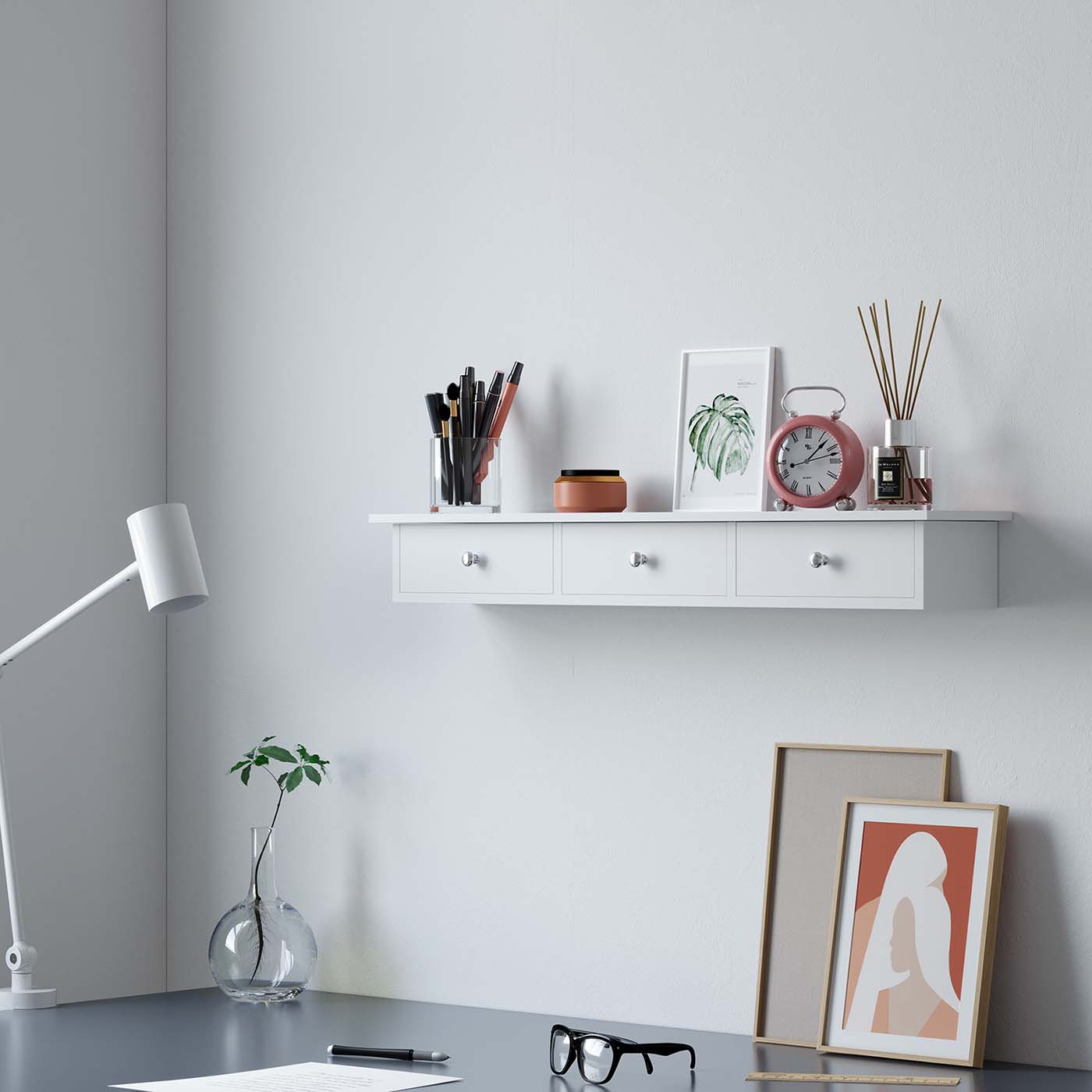 Floating Wall Shelf – High Gloss Finish – White – 3 Drawers
