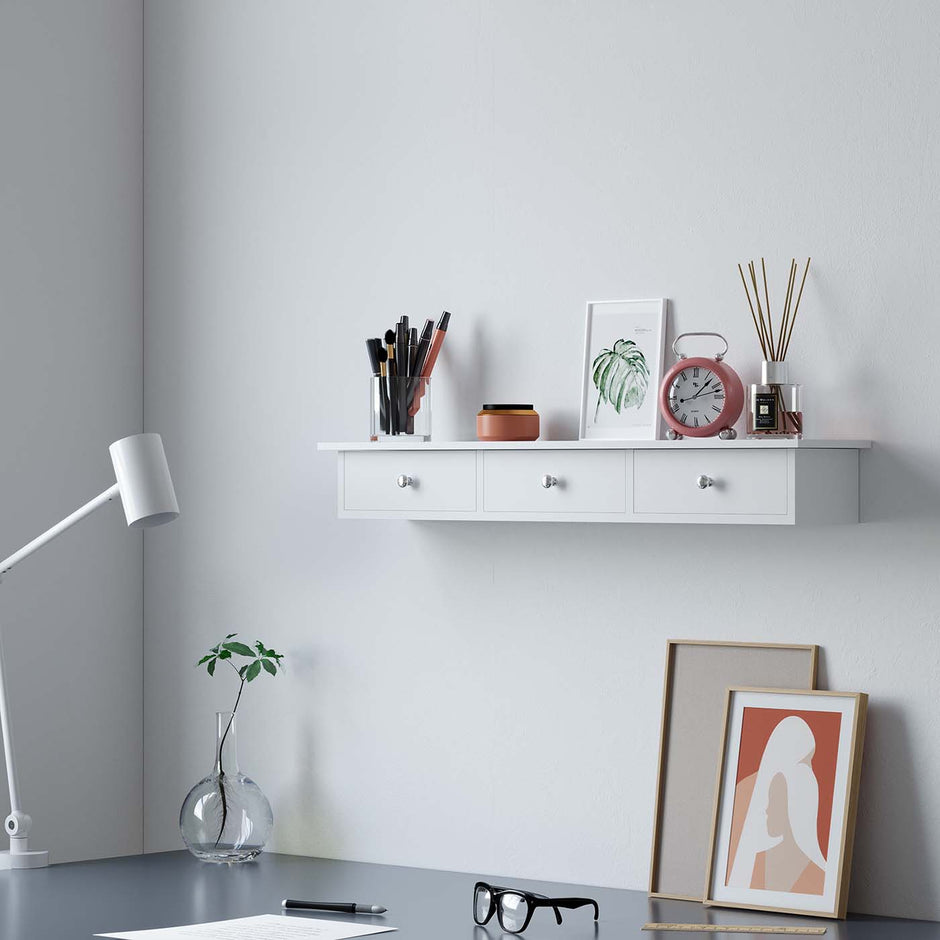 Floating Wall Shelf – High Gloss Finish – White – 3 Drawers