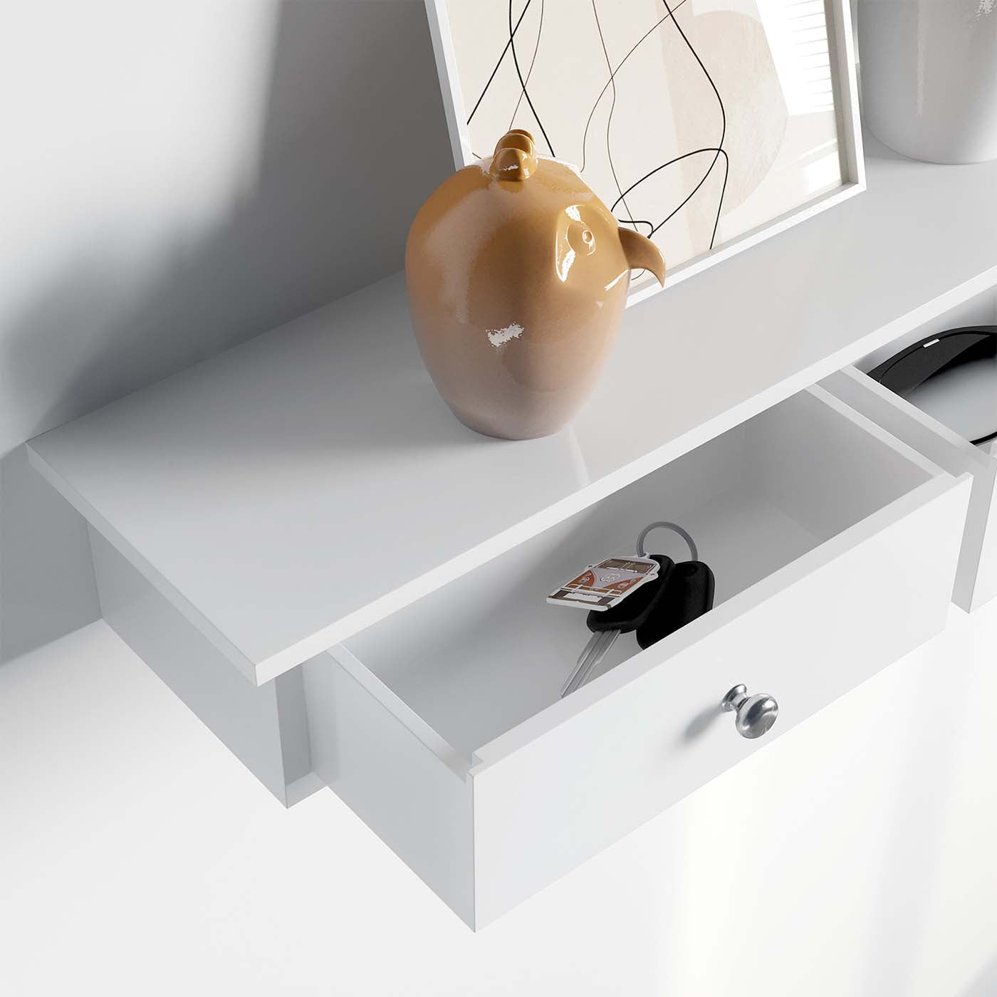 Floating Wall Shelf – High Gloss Finish – White – 3 Drawers
