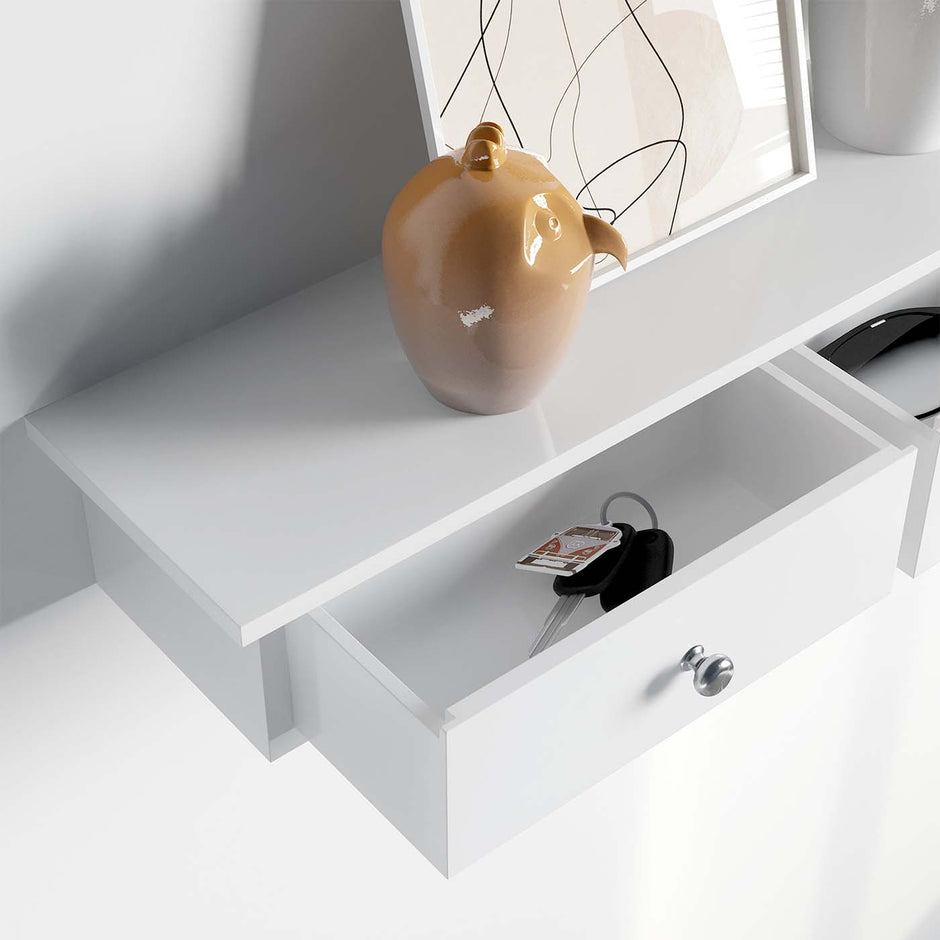 Floating Wall Shelf – High Gloss Finish – White – 3 Drawers
