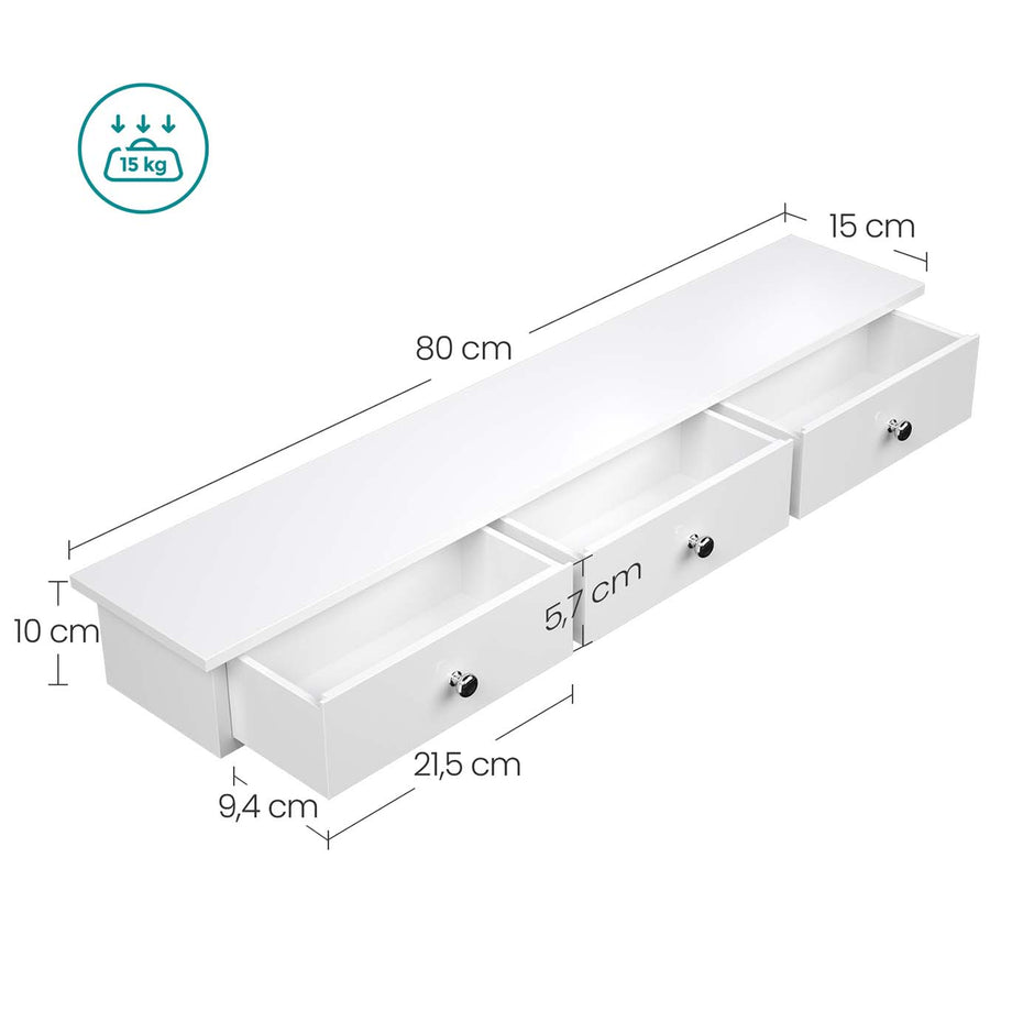 Floating Wall Shelf – High Gloss Finish – White – 3 Drawers