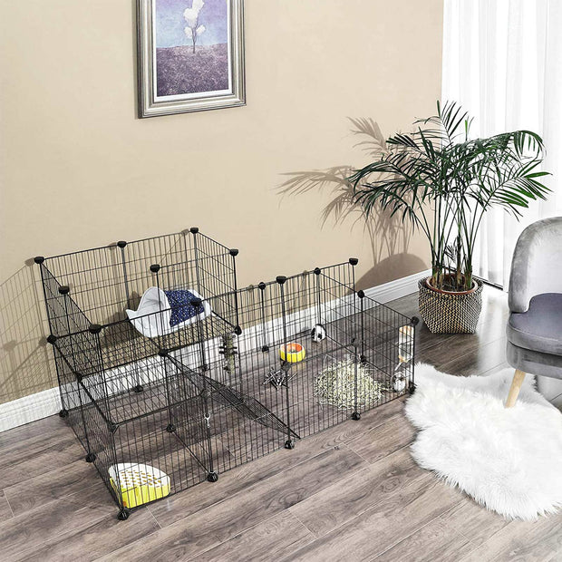 Pet Playpen – Metal Mesh – Black – Customisable Fence with Door for Small Animals