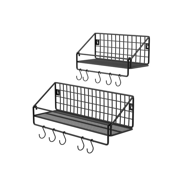 Metal Wall Shelves – Metal – Black – Set of 2 with Hooks, Load Capacity 15 kg