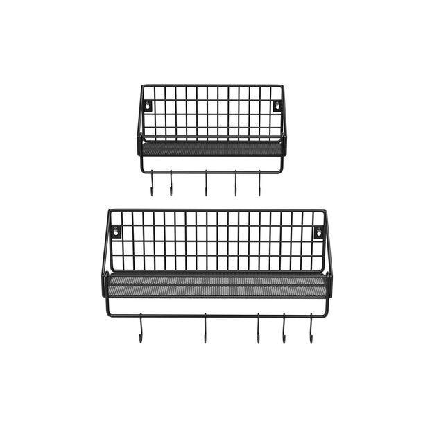 Metal Wall Shelves – Metal – Black – Set of 2 with Hooks, Load Capacity 15 kg