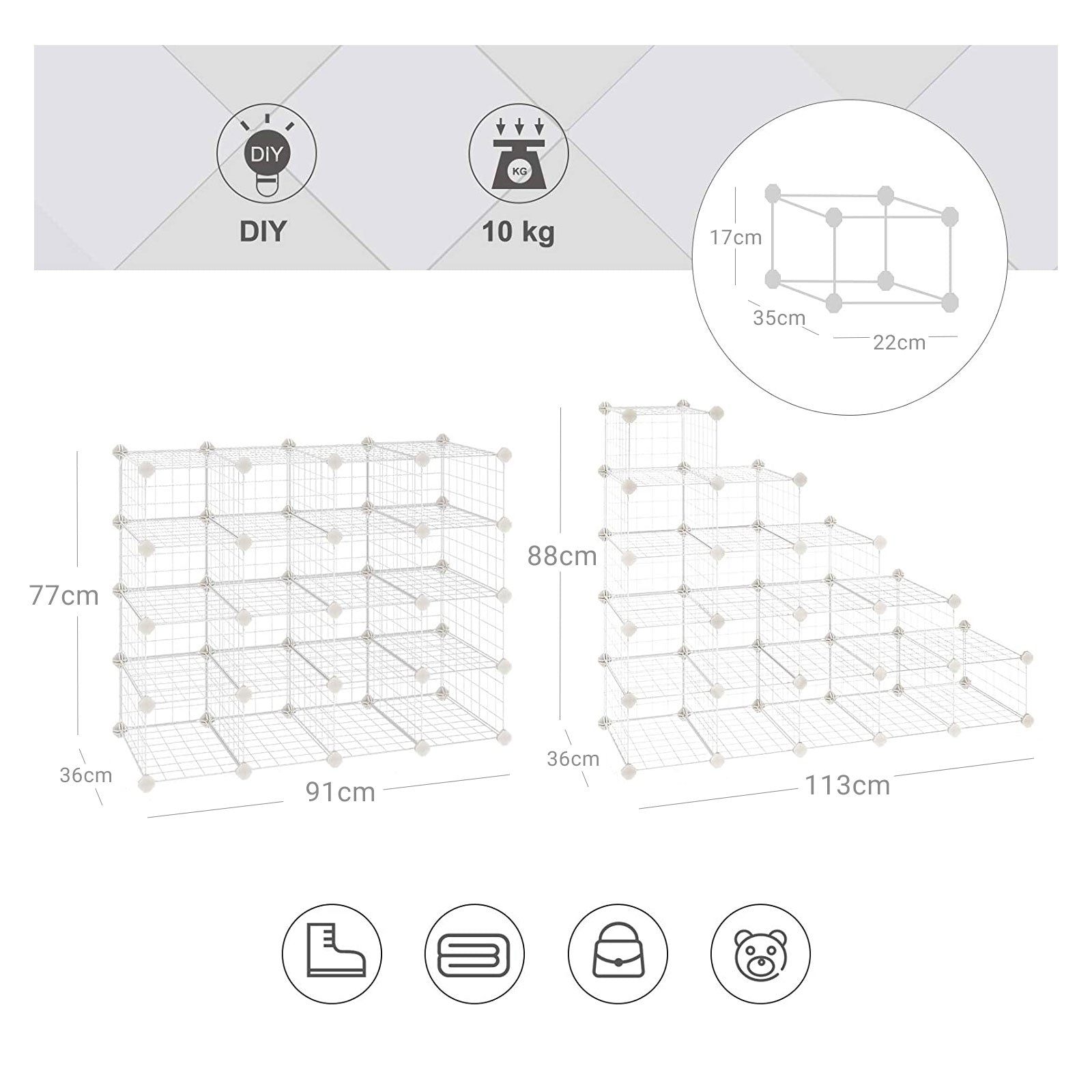 Modular DIY Storage Unit – Metal Wire – White – 16 Cube Design