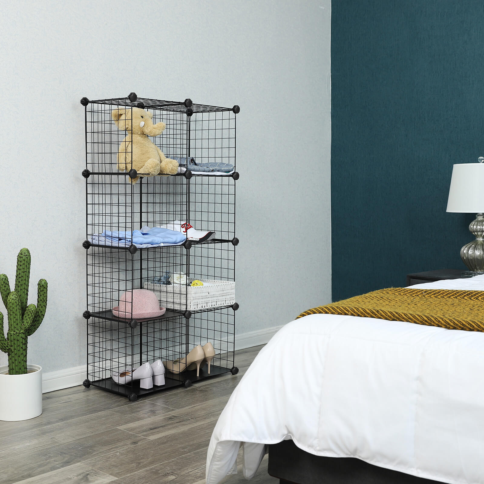Metal Wire Modular Bookcase – Metal Wire and PP Plastic – White – Interlocking Design with 9 Cubes for Versatile Storage