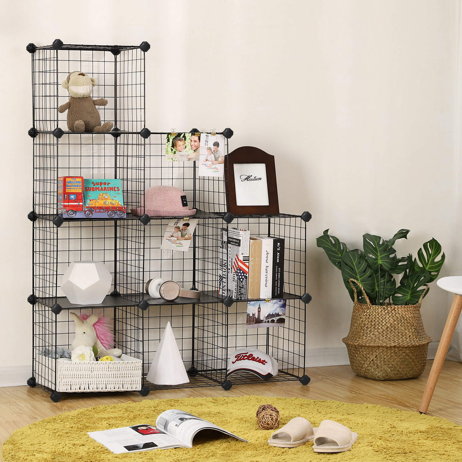 Metal Wire Modular Bookcase – Metal Wire and PP Plastic – White – Interlocking Design with 9 Cubes for Versatile Storage