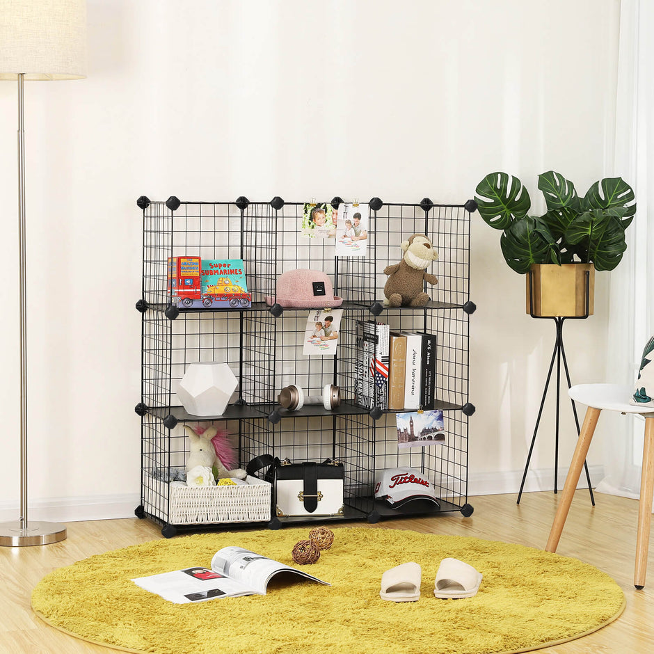 Metal Wire Modular Bookcase – Metal Wire and PP Plastic – White – Interlocking Design with 9 Cubes for Versatile Storage