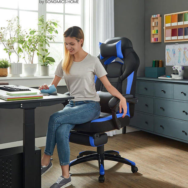 Gaming Chair – Faux Leather – Black and Blue – Ergonomic Design with Footrest and Adjustable Headrest