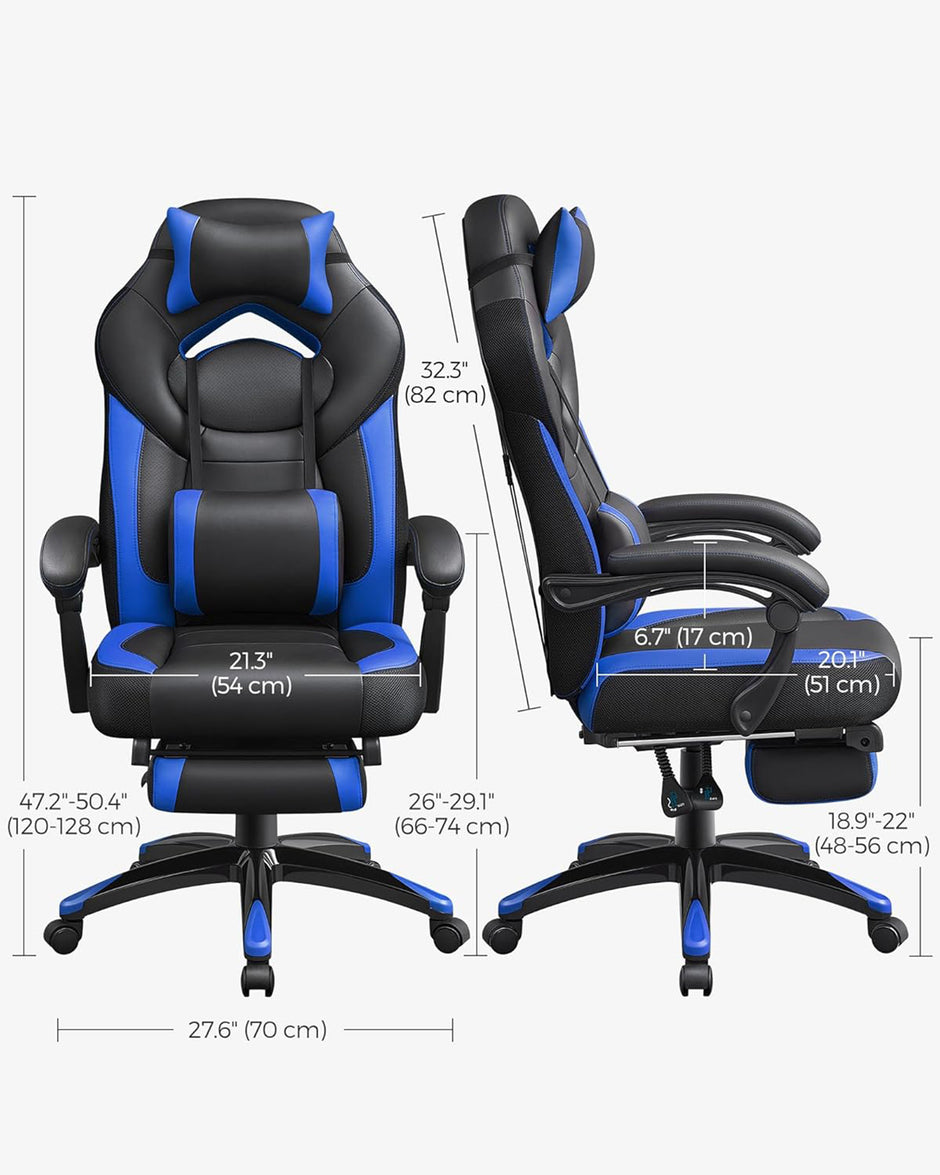 Gaming Chair – Faux Leather – Black and Blue – Ergonomic Design with Footrest and Adjustable Headrest