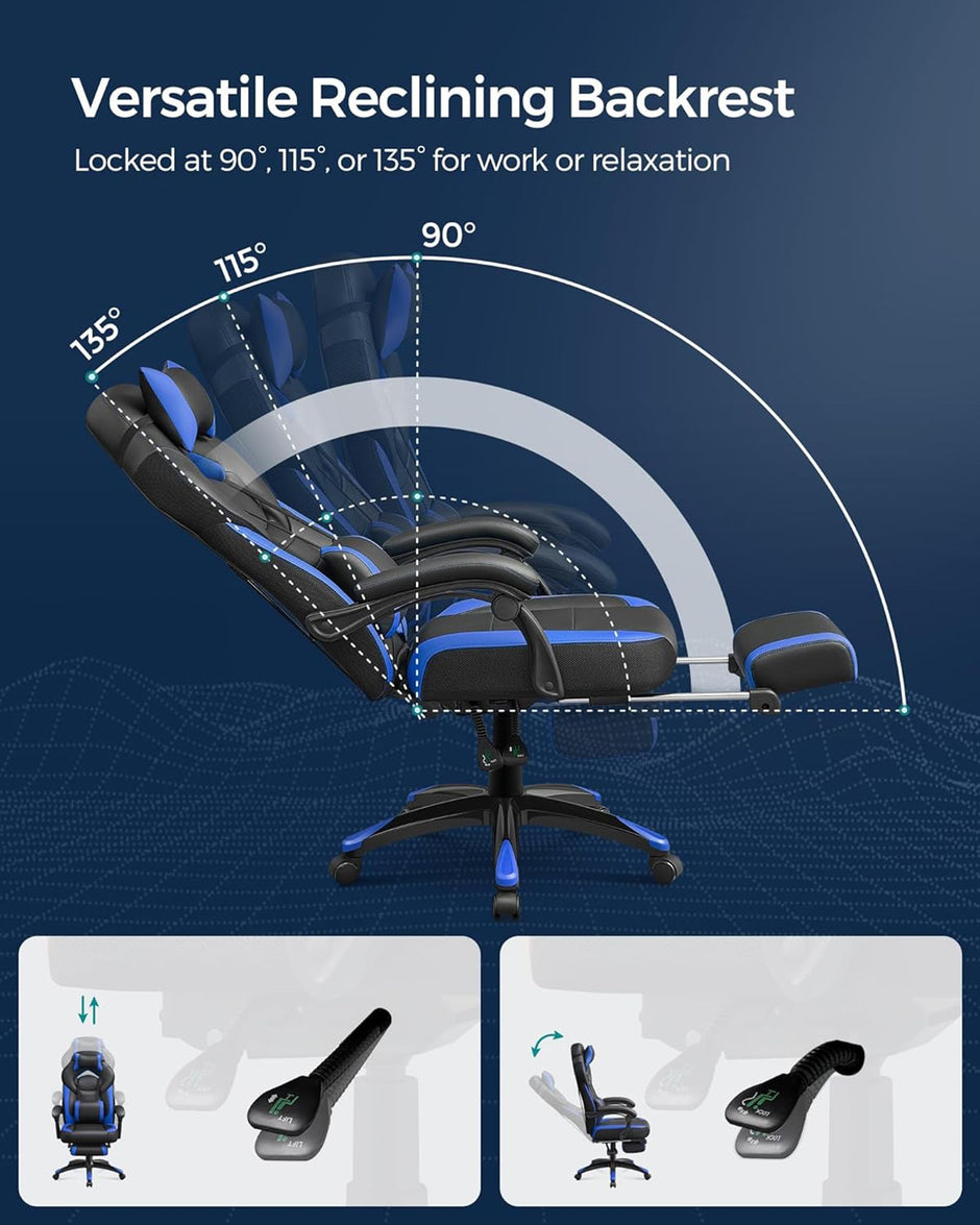 Gaming Chair – Faux Leather – Black and Blue – Ergonomic Design with Footrest and Adjustable Headrest