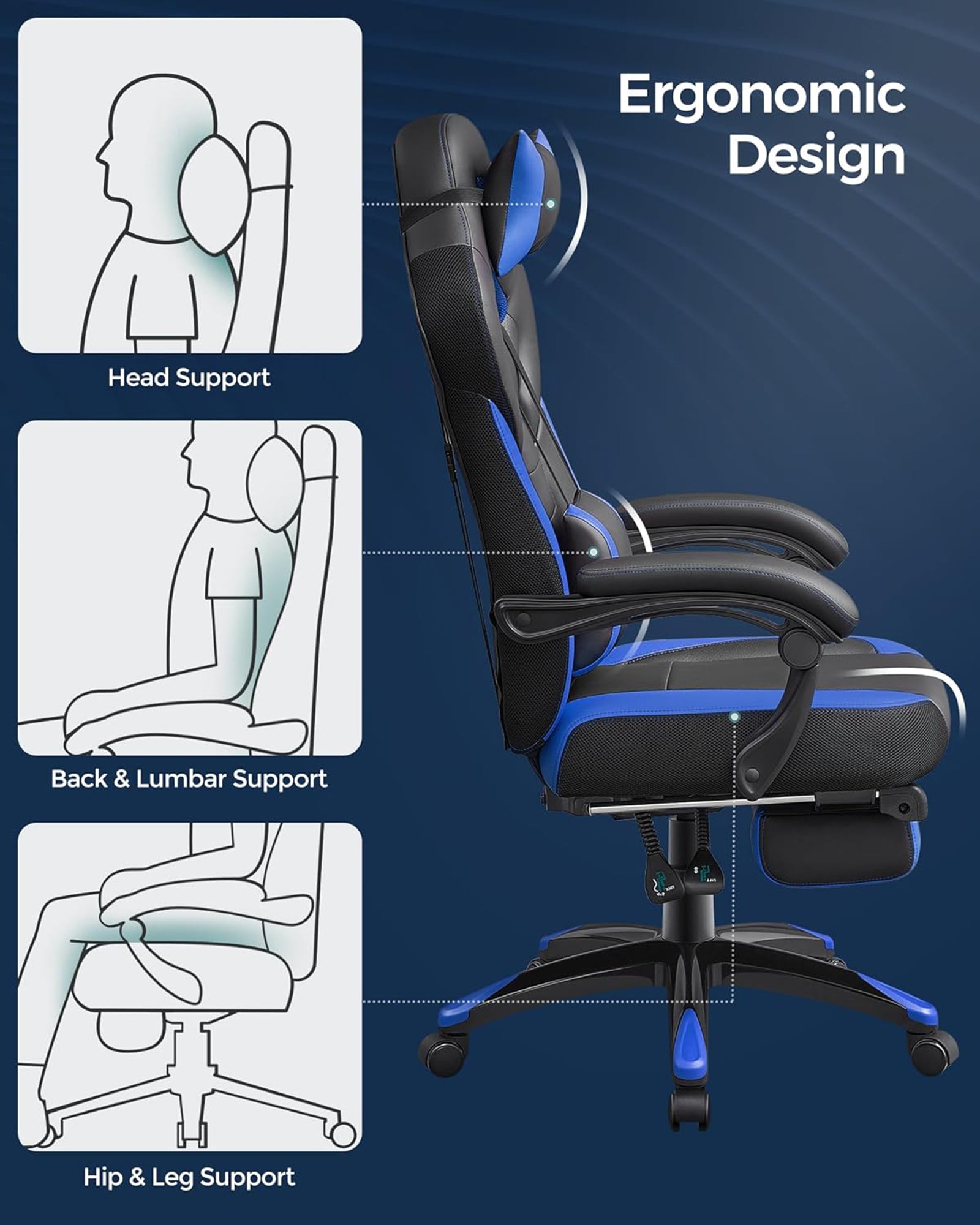 Gaming Chair – Faux Leather – Black and Blue – Ergonomic Design with Footrest and Adjustable Headrest