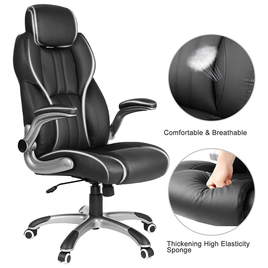 Swivel Office Chair – PU – Black – Adjustable Headrest and Flip-Up Armrests