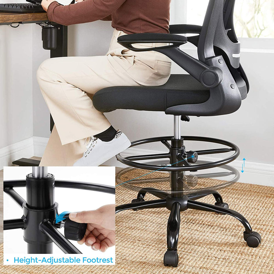 Drafting Chair – Mesh – Black – Ergonomic with Height Adjustable Lumbar Support and Footrest