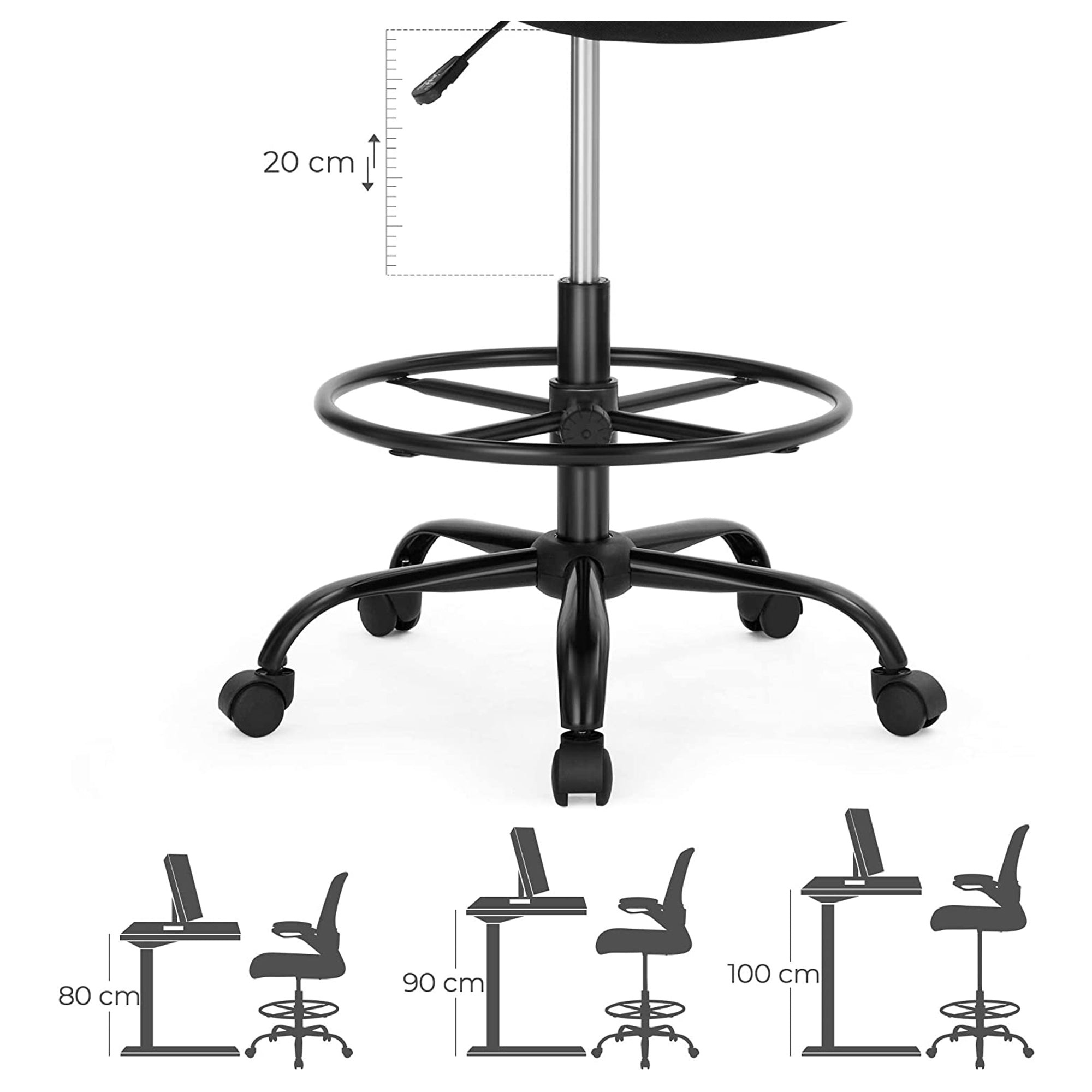 Drafting Chair – Mesh – Black – Ergonomic with Height Adjustable Lumbar Support and Footrest