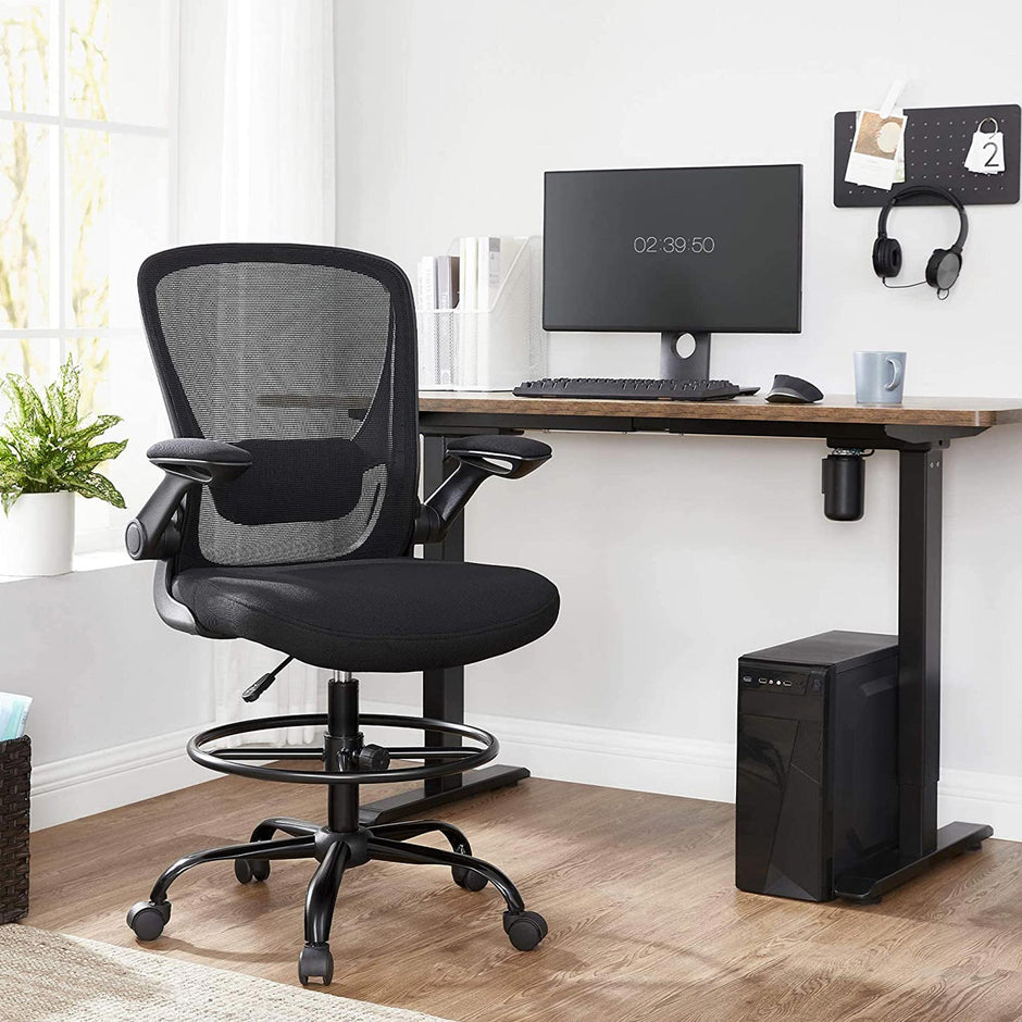 Drafting Chair – Mesh – Black – Ergonomic with Height Adjustable Lumbar Support and Footrest